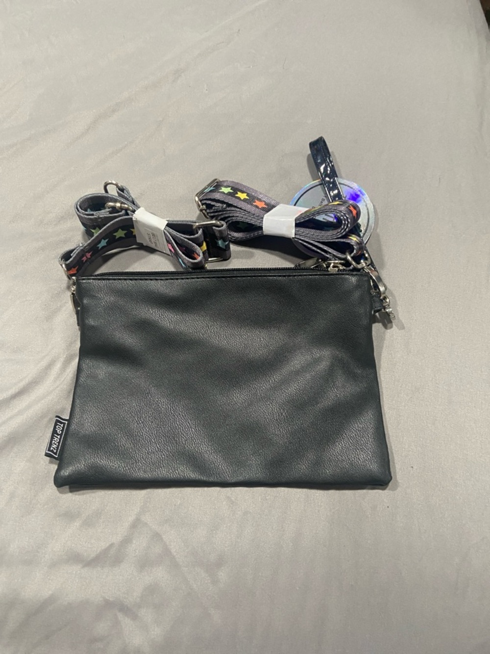 Black Crossbody Pouch with Star-Pattern Strap